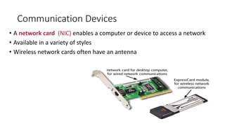 Communication Devices
• A network card (NIC) enables a computer or device to access a network
• Available in a variety of styles
• Wireless network cards often have an antenna
 