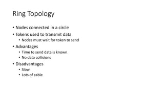 Ring Topology
• Nodes connected in a circle
• Tokens used to transmit data
• Nodes must wait for token to send
• Advantages
• Time to send data is known
• No data collisions
• Disadvantages
• Slow
• Lots of cable
 