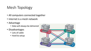 Mesh Topology
• All computers connected together
• Internet is a mesh network
• Advantage
• Data will always be delivered
• Disadvantages
• Lots of cable
• Hard to setup
 
