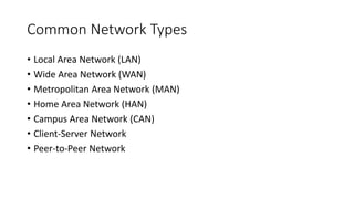 Common Network Types
• Local Area Network (LAN)
• Wide Area Network (WAN)
• Metropolitan Area Network (MAN)
• Home Area Network (HAN)
• Campus Area Network (CAN)
• Client-Server Network
• Peer-to-Peer Network
 