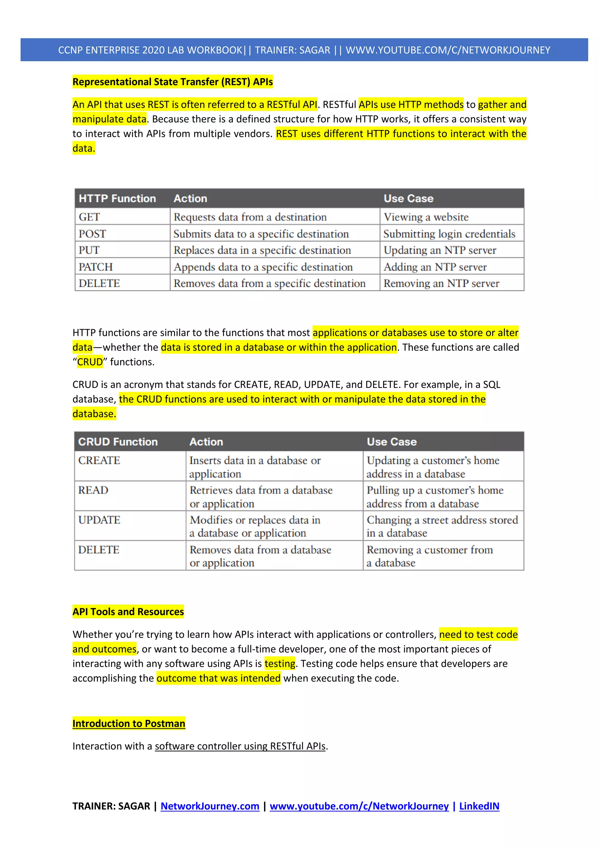 TRAINER: SAGAR | NetworkJourney.com | www.youtube.com/c/NetworkJourney | LinkedIN
CCNP ENTERPRISE 2020 LAB WORKBOOK|| TRAINER: SAGAR || WWW.YOUTUBE.COM/C/NETWORKJOURNEY
Representational State Transfer (REST) APIs
An API that uses REST is often referred to a RESTful API. RESTful APIs use HTTP methods to gather and
manipulate data. Because there is a defined structure for how HTTP works, it offers a consistent way
to interact with APIs from multiple vendors. REST uses different HTTP functions to interact with the
data.
HTTP functions are similar to the functions that most applications or databases use to store or alter
data—whether the data is stored in a database or within the application. These functions are called
“CRUD” functions.
CRUD is an acronym that stands for CREATE, READ, UPDATE, and DELETE. For example, in a SQL
database, the CRUD functions are used to interact with or manipulate the data stored in the
database.
API Tools and Resources
Whether you’re trying to learn how APIs interact with applications or controllers, need to test code
and outcomes, or want to become a full-time developer, one of the most important pieces of
interacting with any software using APIs is testing. Testing code helps ensure that developers are
accomplishing the outcome that was intended when executing the code.
Introduction to Postman
Interaction with a software controller using RESTful APIs.
 