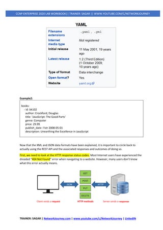 TRAINER: SAGAR | NetworkJourney.com | www.youtube.com/c/NetworkJourney | LinkedIN
CCNP ENTERPRISE 2020 LAB WORKBOOK|| TRAINER: SAGAR || WWW.YOUTUBE.COM/C/NETWORKJOURNEY
Example2:
books:
- id: bk102
author: Crockford, Douglas
title: 'JavaScript: The Good Parts'
genre: Computer
price: 29.99
publish_date: !!str 2008-05-01
description: Unearthing the Excellence in JavaScript
Now that the XML and JSON data formats have been explained, it is important to circle back to
actually using the REST API and the associated responses and outcomes of doing so.
First, we need to look at the HTTP response status codes. Most Internet users have experienced the
dreaded “404 Not Found” error when navigating to a website. However, many users don’t know
what this error actually means.
 