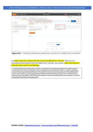 TRAINER: SAGAR | NetworkJourney.com | www.youtube.com/c/NetworkJourney | LinkedIN
CCNP ENTERPRISE 2020 LAB WORKBOOK|| TRAINER: SAGAR || WWW.YOUTUBE.COM/C/NETWORKJOURNEY
You need a token for any future API calls to the Cisco DNA Center controller. When you are
successfully authenticated to the Cisco DNA Center controller, you receive a token that contains a
string that looks similar to the following:
"eyJ0eXAiOiJKV1QiLCJhbGciOiJIUzI1NiJ9.eyJzdWIiOiI1YTU4Y2QzN2UwNWJiYTAwOGVmNjJiOT
IiLCJhdXRoU291cmNlIjoiaW50ZXJuYWwiLCJ0ZW5hbnROYW1lIjoiVE5UMCIsInJvbGVzIjpbIjVhMz
E1MTYwOTA5MGZiYTY5OGIyZjViNyJdLCJ0ZW5hbnRJZCI6IjVhMzE1MTlkZTA1YmJhMDA4ZWY2
MWYwYSIsImV4cCI6MTUyMTQ5NzI2NCwidXNlcm5hbWUiOiJkZXZuZXR1c2VyIn0.tgAJfLc1OaUwa
JCX6lzfjPG7Om2x97oiTIozUpAzomM"
 