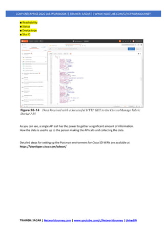TRAINER: SAGAR | NetworkJourney.com | www.youtube.com/c/NetworkJourney | LinkedIN
CCNP ENTERPRISE 2020 LAB WORKBOOK|| TRAINER: SAGAR || WWW.YOUTUBE.COM/C/NETWORKJOURNEY
■ Reachability
■ Status
■ Device type
■ Site ID
As you can see, a single API call has the power to gather a significant amount of information.
How the data is used is up to the person making the API calls and collecting the data.
Detailed steps for setting up the Postman environment for Cisco SD-WAN are available at
https://developer.cisco.com/sdwan/
 