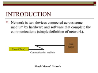 INTRODUCTION
 Network is two devices connected across some
medium by hardware and software that complete the
communications (simple definition of network).
User (Client)
Host
Server
Communication medium
Simple View of Network
 