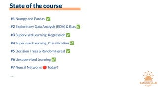 State of the course
#1 Numpy and Pandas ✅
#2 Exploratory Data Analysis (EDA) & Bias ✅
#3 Supervised Learning: Regression ✅
#4 Supervised Learning: Classiﬁcation ✅
#5 Decision Trees & Random Forest ✅
#6 Unsupervised Learning ✅
#7 Neural Networks 🔴 Today!
…
 