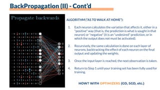 ALGORITHM (“AS TO WALK AT HOME”):
1. Each neuron calculates the variation that affects it, either in a
"positive" way (that is, the prediction is what is sought in that
neuron) or "negative" (it is an "undesired" prediction, or in
which the output does not must be activated).
2. Recursively, the same calculation is done on each layer of
neurons, backtracking the effect of each neuron on the ﬁnal
output and updating the weights.
3. Once the input layer is reached, the next observation is taken.
4. Return to Step 1 until your training set has been fully used for
training.
HOW? WITH OPTIMIZERS (GD, SGD, etc.)
BackPropagation (II) - Cont’d
 