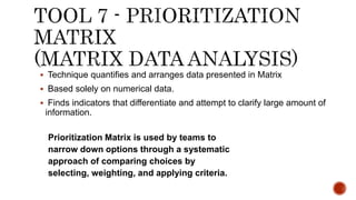  Technique quantifies and arranges data presented in Matrix
 Based solely on numerical data.
 Finds indicators that differentiate and attempt to clarify large amount of
information.
Prioritization Matrix is used by teams to
narrow down options through a systematic
approach of comparing choices by
selecting, weighting, and applying criteria.
 