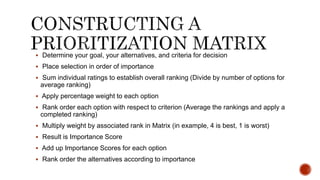  Determine your goal, your alternatives, and criteria for decision
 Place selection in order of importance
 Sum individual ratings to establish overall ranking (Divide by number of options for
average ranking)
 Apply percentage weight to each option
 Rank order each option with respect to criterion (Average the rankings and apply a
completed ranking)
 Multiply weight by associated rank in Matrix (in example, 4 is best, 1 is worst)
 Result is Importance Score
 Add up Importance Scores for each option
 Rank order the alternatives according to importance
 