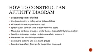 Select the topic to be analyzed
 Use brainstorming to collect verbal data and ideas
 Write each item on separate data card
 Spread out all cards on table or stick them on a board
 Move data cards into groups of similar themes (natural affinity for each other)
 Combine statements on data cards to new Affinity statement
 Make new card with Affinity statement
 Continue to combine until less than 5 groups
 Draw the final Affinity Diagram for the problem discussed
 