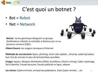 C’est quoi un botnet ?
• Bot = Robot
• Net = Network
Ciblent favoris: les usagers classiques d’Internet.
Méthode de recrutement: Spam, phishing, client side exploits , drive-by, watering holeLe
but c’est de recruter le plus de bots/zombies possibles
Botnet : terme générique désignant un groupe
d’ordinateurs infectés et contrôlés à distance par un ou
plusieurs serveurs (C&C).
Usages: Spams, Attaques distribuées (DDoS, bruteforce, bitcoin mining), Cyber espionage,
Vol d’identité, Fraude bancaire, fraude publicité en ligne, adware
Les clients: Cybercriminels, entreprises publicitaire, Etats (cyber Armés) … etc 11@thebenygreen
 
