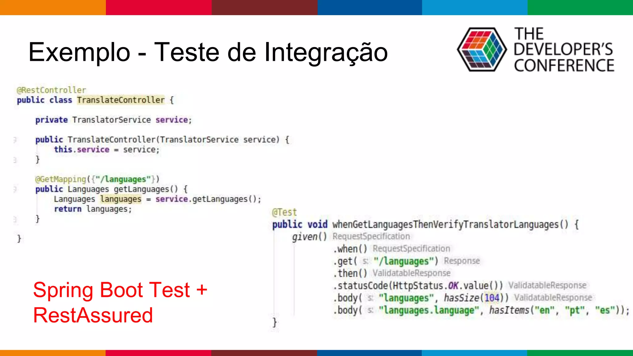Globalcode – Open4education
Exemplo - Teste de Integração
Spring Boot Test +
RestAssured
 