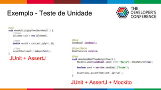 Globalcode – Open4education
Exemplo - Teste de Unidade
JUnit + AssertJ
JUnit + AssertJ + Mockito
 