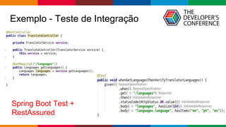 Globalcode – Open4education
Exemplo - Teste de Integração
Spring Boot Test +
RestAssured
 