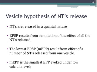 09/26/2024
14
Vesicle hypothesis of NT’s release
• NT’s are released in a quantal nature
• EPSP results from summation of the effect of all the
NT’s released.
• The lowest EPSP (mEPP) result from effect of a
number of NT’s released from one vesicle.
• mEPP is the smallest EPP evoked under low
calcium levels
 
