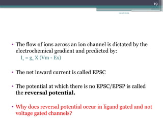 09/26/2024
19
• The flow of ions across an ion channel is dictated by the
electrochemical gradient and predicted by:
Ix = gx X (Vm - Ex)
• The net inward current is called EPSC
• The potential at which there is no EPSC/EPSP is called
the reversal potential.
• Why does reversal potential occur in ligand gated and not
voltage gated channels?
 