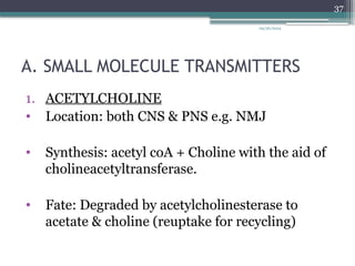 09/26/2024
37
A. SMALL MOLECULE TRANSMITTERS
1. ACETYLCHOLINE
• Location: both CNS & PNS e.g. NMJ
• Synthesis: acetyl coA + Choline with the aid of
cholineacetyltransferase.
• Fate: Degraded by acetylcholinesterase to
acetate & choline (reuptake for recycling)
 