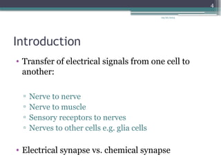 09/26/2024
4
Introduction
• Transfer of electrical signals from one cell to
another:
▫ Nerve to nerve
▫ Nerve to muscle
▫ Sensory receptors to nerves
▫ Nerves to other cells e.g. glia cells
• Electrical synapse vs. chemical synapse
 
