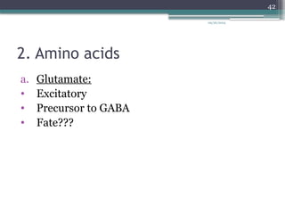 09/26/2024
42
2. Amino acids
a. Glutamate:
• Excitatory
• Precursor to GABA
• Fate???
 