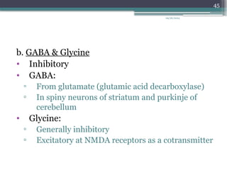09/26/2024
45
b. GABA & Glycine
• Inhibitory
• GABA:
▫ From glutamate (glutamic acid decarboxylase)
▫ In spiny neurons of striatum and purkinje of
cerebellum
• Glycine:
▫ Generally inhibitory
▫ Excitatory at NMDA receptors as a cotransmitter
 