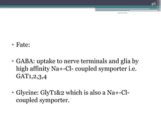 09/26/2024
46
• Fate:
• GABA: uptake to nerve terminals and glia by
high affinity Na+-Cl- coupled symporter i.e.
GAT1,2,3,4
• Glycine: GlyT1&2 which is also a Na+-Cl-
coupled symporter.
 