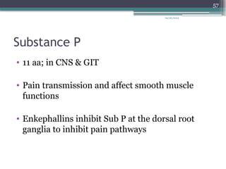 09/26/2024
57
Substance P
• 11 aa; in CNS & GIT
• Pain transmission and affect smooth muscle
functions
• Enkephallins inhibit Sub P at the dorsal root
ganglia to inhibit pain pathways
 