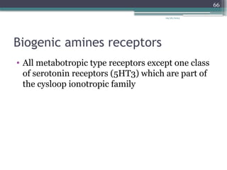 09/26/2024
66
Biogenic amines receptors
• All metabotropic type receptors except one class
of serotonin receptors (5HT3) which are part of
the cysloop ionotropic family
 