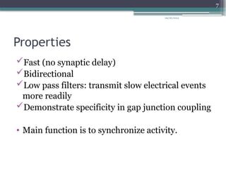 09/26/2024
7
Properties
Fast (no synaptic delay)
Bidirectional
Low pass filters: transmit slow electrical events
more readily
Demonstrate specificity in gap junction coupling
• Main function is to synchronize activity.
 