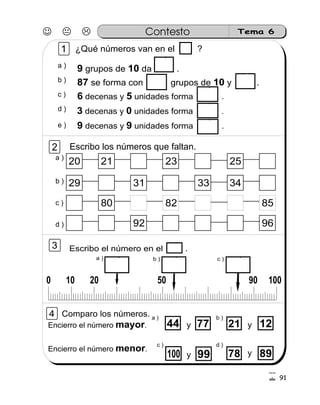 J K L Contesto Tema 6
a )
¿Qué números van en el ?
9 10grupos de da .
b ) 87 10se forma con grupos de y .
c ) 6 5decenas y unidades forma .
3 0decenas y unidades forma .d )
e ) 9 9decenas y unidades forma .
Escribo los números que faltan.
a )
b )
c )
d )
20 21 23 25
29 31 33 34
92 96
80 82 85
0 10 20 50 90 100
Escribo el número en el .
a ) b ) c )
Encierro el número .mayor
Encierro el número .menor
100 99y
44 77y
a ) b )
c ) d )
21 12y
78 89y
1
2
3
91
4 Comparo los números.
4
!
 
