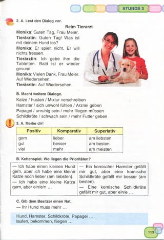 STUNDE 3
B. Macht weitere Dialoge.
Katze / husten / Mixtur verschreiben
Hamster / sich unwohl fühlen / Arznei geben
Papagei / unruhig sein / mehr fliegen müssen
Schildkröte / schwach sein / mehr Futter geben
3. A. Merke dir!
Positiv Komparativ Superlativ
gern lieber am liebsten
gut besser am besten
viel mehr am meisten
B. Kettenspiel. Wo liegen die Prioritäten?
— Ich habe einen kleinen Hund
gern, aber ich habe eine kleine
Katze noch lieber (am liebsten).
— Ich habe eine kleine Katze
gern, aber ein/e/n ...
— Ein komischer Hamster gefällt
mir gut, aber eine komische
Schildkröte gefällt mir besser (am
besten).
— Eine komische Schildkröte
gefällt mir gut, aber ein/e ...
C. Gib dem Besitzer einen Rat.
— Ihr Hund muss mehr ...
Hund, Hamster, Schildkröte, Papagei ...
laufen, bekommen, fliegen ...
2. A. Lest den Dialog vor.
Beim Tierarzt
Monika: Guten Tag, Frau Meier.
Tierärztin: Guten Tag! Was ist
mit deinem Hund los?
Monika: Er spielt nicht. Er will
nichts fressen.
Tierärztin: Ich gebe ihm die
Tabletten. Bald ist er wieder
gesund.
Monika: Vielen Dank, Frau Meier.
Auf Wiedersehen.
Tierärztin: Auf Wiedersehen.
 