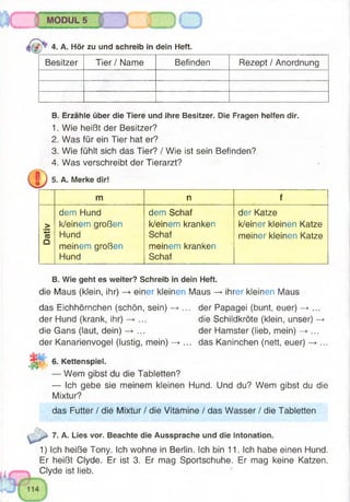 MODULS
- V —
J l-
‘w 4, A. Hör zu und schreib in dein Heft.
Besitzer Tier / Name Befinden Rezept / Anordnung
B. Erzähle über die Tiere und ihre Besitzer. Die Fragen helfen dir.
1. Wie heißt der Besitzer?
2. Was für ein Tier hat er?
3. Wie fühlt sich das Tier? / Wie ist sein Befinden?
4. Was verschreibt der Tierarzt?
5. A. Merke dir!
m n f
Dativ
dem Hund
k/einem großen
Hund
meinem großen
Hund
dem Schaf
k/einem kranken
Schaf
meinem kranken
Schaf
der Katze
k/einer kleinen Katze
meiner kleinen Katze
B. Wie geht es weiter? Schreib in dein Heft.
die Maus (klein, ihr) —►einer kleinen Maus —>•ihrer kleinen Maus
das Eichhörnchen (schön, sein) —►... der Papagei (bunt, euer) —►...
der Hund (krank, ihr) die Schildkröte (klein, unser)
die Gans (laut, dein) —►... der Hamster (lieb, mein) —►...
der Kanarienvogel (lustig, mein) -» ... das Kaninchen (nett, euer) —►...
6. Kettenspiel.
— Wem gibst du die Tabletten?
— Ich gebe sie meinem kleinen Hund. Und du? Wem gibst du die
Mixtur?
das Futter / die Mixtur / die Vitamine / das Wasser / die Tabletten
7. A. Lies vor. Beachte die Aussprache und die Intonation.
1) Ich heiße Tony. Ich wohne in Berlin, ich bin 11. Ich habe einen Hund.
Er heißt Clyde. Er ist 3. Er mag Sportschuhe. Er mag keine Katzen.
Ciyde ist lieb.
 
