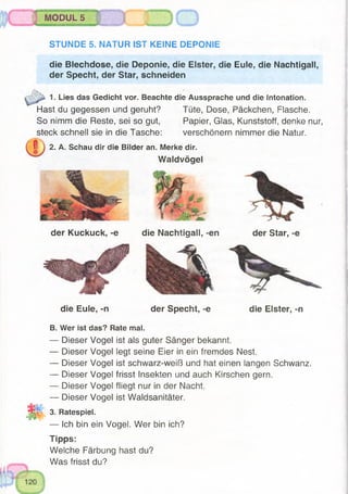 MODUL 5
STUNDE 5. NATUR IST KEINE DEPONIE
die Blechdose, die Deponie, die Elster, die Eule, die Nachtigall,
der Specht, der Star, schneiden
der Kuckuck, -e die Nachtigall, -en
die Eule, -n der Specht, -e
Tipps:
Welche Färbung hast du?
Was frisst du?
1. Lies das Gedicht vor. Beachte die Aussprache und die Intonation.
Hast du gegessen und geruht? Tüte, Dose, Päckchen, Flasche.
So nimm die Reste, sei so gut, Papier, Glas, Kunststoff, denke nur
steck schnell sie in die Tasche: verschönern nimmer die Natur.
2. A. Schau dir die Bilder an. Merke dir.
Waldvögel
der Star, -e
die Elster, -n
B. Wer ist das? Rate mal.
— Dieser Vogel ist als guter Sänger bekannt.
— Dieser Vogel legt seine Eier in ein fremdes Nest.
— Dieser Vogel ist schwarz-weiß und hat einen langen Schwanz.
— Dieser Vogel frisst Insekten und auch Kirschen gern.
— Dieser Vogel fliegt nur in der Nacht.
— Dieser Vogel ist Waldsanitäter.
3. Ratespiel.
— Ich bin ein Vogel. Wer bin ich?
 