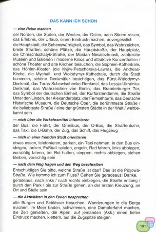 DAS KANN ICH SCHON
— eine Reise machen
der Norden, der Süden, der Westen, der Osten, nach Süden reisen,
das Erlebnis, der Urlaub, einen Eindruck machen, unvergesslich
die Hauptstadt, die Sehenswürdigkeit, das Symbol, das Wahrzeichen,
breite Straßen, schöne Plätze, die Hauptstraße, der Hauptplatz,
die Chreschtschatyk-Straße, der Maidan Nesalezhnosti, zahlreiche
Museen und Galerien / moderne Kinos und attraktive Konzerthallen /
schöne Theater und alte Kirchen besuchen, die Sophien-Kathedrale,
das Höhlen-Kloster (die Kyjiw-Petscherska-Lawra), die Andreas-
Kirche, die Mychail- und Wolodymyr-Kathedrale, durch die Stadt
bummeln, schöne Denkmäler besichtigen, das Fürst-Wolodymyr-
Denkmal, das Taras-Schewtschenko-Denkmal, das Lessja-Ukrainka-
Denkmal, das Wahrzeichen von Berlin, das Branderburger Tor,
das Symbol der deutschen Einheit, der Kurfürstendamm, die Straße
Unter den Linden, der Alexanderplatz, der Fernsehturm, das Deutsche
Historische Museum, die Deutsche Oper, die berühmteste Straße /
die beliebteste Straße / eine der grünsten Städte in der Welt / weltbe­
kannt sein
— mich über die Verkehrsmittel informieren
der Bus, die Fahrt, der Omnibus, der O-Bus, die Straßenbahn,
das Taxi, die U-Bahn, der Zug, das Schiff, das Flugzeug
— mich in einer fremden Stadt orientieren
etwas essen, telefonieren, parken, ein Taxi nehmen, in den Bus ein­
steigen, tanken, Fußball spielen, angeln, Rad fahren, links abbiegen,
vorsichtig fahren, bei Rot halten, stoppen, rechts abbiegen, stehen
bleiben, vorsichtig sein
— nach dem Weg fragen und den Weg beschreiben
Entschuldigen Sie bitte, welche Straße ist das? Das ist die Poljowa-
Straße. Wie komme ich zum Fluss? Gehen Sie geradeaus! Danke,
geradeaus, nach links / nach rechts einbiegen,-die Straße entlang /
durch den Park / bis zur Straße gehen, an der ersten Kreuzung, an
Ort und Stelle sein
— die Aktivitäten in den Ferien besprechen
alte Burgen und Schlösser besuchen, Wanderungen in die Berge
machen, im Meer baden, schwimmen, eine Dampferfahrt machen,
die Zeit genießen, die Alpen, auf jemanden (Akk.) einen tiefen
Eindruck machen, klettern, auf die Zugspitze steigen
 