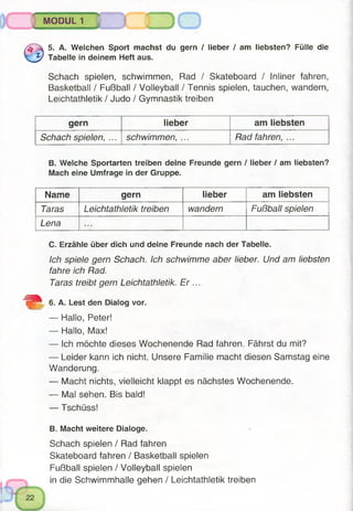 M o d u l"! 1
0
5. A. Welchen Sport machst du gern / lieber / am liebsten? Fülle die
Tabelle in deinem Heft aus.
Schach spielen, schwimmen, Rad / Skateboard / Inliner fahren,
Basketball / Fußball / Volleyball / Tennis spielen, tauchen, wandern,
Leichtathletik / Judo / Gymnastik treiben
gern lieber am liebsten
Schach spielen, ... schwimmen, ... Radfahren, ...
B. Welche Sportarten treiben deine Freunde gern / lieber / am liebsten?
Mach eine Umfrage in der Gruppe.
Name gern lieber am liebsten
Taras Leichtathletik treiben wandern Fußball spielen
Lena
C. Erzähle über dich und deine Freunde nach der Tabelle.
Ich spiele gern Schach. Ich schwimme aber lieber. Und am liebsten
fahre ich Rad.
Taras treibt gern Leichtathletik. Er ...
‘HB^L 6. A. Lest den Dialog vor.
— Hallo, Peter!
— Hallo, Max!
— Ich möchte dieses Wochenende Rad fahren. Fährst du mit?
— Leider kann ich nicht. Unsere Familie macht diesen Samstag eine
Wanderung.
— Macht nichts, vielleicht klappt es nächstes Wochenende.
— Mal sehen. Bis bald!
— Tschüss!
B. Macht weitere Dialoge.
Schach spielen / Rad fahren
Skateboard fahren / Basketball spielen
Fußball spielen / Volleyball spielen
in die Schwimmhalle gehen / Leichtathletik treiben
 