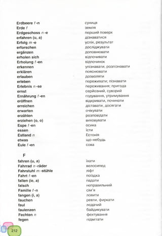 і
Erdbeere f -n
Erde f
Erdgeschoss n -e
erfahren (u, a)
Erfolg m -e
erforschen
ergänzen
erholen sich
Erholung f-en
erkennen
erklären
erlauben
erleben
Erlebnis n -se
ernst
Ernährung f-en
eröffnen
erreichen
erwarten
erzählen
erziehen (o, o)
Espe f-en
essen
Estland n
etwas
Eule f-en
F
fahren (u, a)
Fahrrad n -räder
Fahrstuhl m -Stühle
Fahrt f-en
fallen (ie, a)
falsch
Familie f-n
fangen (i, a)
fauchen
faul
faulenzen
Fechten n
суниця
земля
перший поверх
дізнаватися
успіх, результат
досліджувати
доповнювати
відпочивати
відпочинок
упізнавати, розпізнавати
пояснювати
дозволяти
переживати; пізнавати
переживання; пригода
серйозний,суворий
годування, утримування
відкривати, починати
діставати, досягати
очікувати
розповідати
виховувати
осика
їсти
Естонія
що-небудь
сова
їхати
велосипед
ліфт
поїздка
падати
неправильний
сім’я
ловити
ревти, фиркати
ледачий
байдикувати
фехтування
підмітати
 