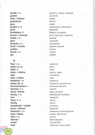 Gnade f -n
golden
Gras n Gräser
gratulieren
grau
greifen (i, i)
groß
Großeltern PI
Grund m Gründe
Größe f -n
grün
Gründer m =
Gruß m Grüße
grüßen
Gurke f -n
gut
H
Haar n -e
haben (a, a)
Hafer m
Hahn m Hähne
halb
Hals m Hälse
Halskette f-n
halten (ie, a)
Hammerwerfen n
Hamster m =
Hand f Hände
Handy n -s
hart
Hase m -n
häufig
Hauptstadt f -Städte
Haus n Häuser
Haushalt m -e
Haut f Häute
Heft n -e
Heimat f
heiser
heiß
милість, ласка, пощада
золотий
трава
вітати
сірий
хапати(ся), брати(ся)
великий
бабуся та дідусь
дно; підстава, причина
розмір
зелений
засновник
привіт, вітання
вітати
огірок
добре
волосся
мати
овес
півень, кран
половина
шия
намисто
тримати, зупинятися
метання молота
хом’як
рука, долоня
мобільний телефон
твердий
заєць
часто
столиця
будинок
домашнє господарство
шкіра, оболонка
зошит
Батьківщина
захриплий
гарячий, спекотний
 