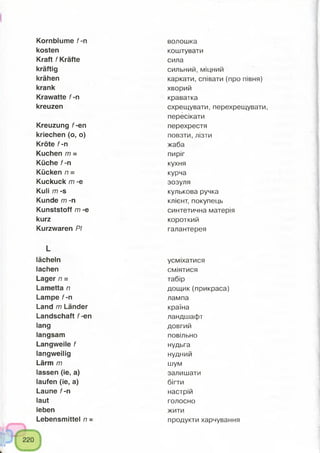 Kornblume f-n
kosten
Kraft f Kräfte
kräftig
krähen
krank
Krawatte f-n
kreuzen
Kreuzung f-en
kriechen (o, o)
Kröte f-n
Kuchen m =
Küche f-n
Kücken n =
Kuckuck m -e
Kuli m -s
Kunde m -n
Kunststoff m -e
kurz
Kurzwaren PI
L
lächeln
lachen
Lager n =
Lametta n
Lampe f-n
Land m Länder
Landschaft f-en
lang
langsam
Langweile f
langweilig
Lärm m
lassen (ie, a)
laufen (ie, a)
Laune f-n
laut
leben
Lebensmittel n =
волошка
коштувати
сила
сильний, міцний
каркати, співати (про півня)
хворий
краватка
схрещувати, перехрещувати,
пересікати
перехрестя
повзти, лізти
жаба
пиріг
кухня
курча
зозуля
кулькова ручка
клієнт, покупець
синтетична матерія
короткий
галантерея
усміхатися
сміятися
табір
дощик (прикраса)
лампа
країна
ландшафт
довгий
повільно
нудьга
нудний
шум
залишати
бігти
настрій
голосно
жити
продукти харчування
 