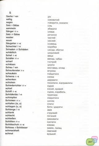 Sache f-en
saftig
sagen
Salz n Sälze
sammeln
Sänger m =
Satz m Sätze
sauber
sauer
Säugetier n -e
Schachtel f-n
Schaden m Schäden
schädlich
Schaf n -e
Schäfer m -
scharf
schätzen
Schau f-en
Schaufenster n =
schaukeln
Schema n -s
schenken
schicken
Schiedsrichter m =
schief
Schiff n -e
Schildkröte f-n
schimpfen
Schinken m =
schlafen (ie, a)
schlagen (u, a)
Schlange f-n
schlank
schlecht
schließen
Schlitten m =
Schlittschuh m -e
Schloss n Schlösser
schmackhaft
schmal
річ
соковитий
говорити, сказати
сіль
збирати
співак
речення
чистий
кислий
ссавець
коробка
шкода, збитки
шкідливий
вівця
вівчар, чабан
гострий
цінити
виставка, огляд
вітрина
гойдатися
схема
дарувати
посилати, відправляти
суддя
косий,кривий
судно,корабель
черепаха
сваритися
шинка
спати
бити, ударяти
змія
стрункий
поганий
закривати
санчата
ковзан
замок, палац
смачний
вузький
 