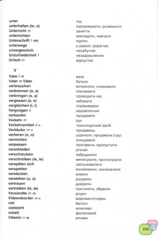 unter
unterhalten (ie, a)
Unterricht m
unterrichten
Unterschrift f-en
unterwegs
unvergesslich
Unzufriedenheit f
Urlaub m
V
Vase f-n
Vater m Väter
verbrauchen
verbrennen (a, a)
verbringen (a, a)
vergessen (a, e)
vergleichen (i, i)
Vergnügen n
verkaufen
Verkehr m
Verkehrsmittel n =
Verkäufer m =
verlieren (o, o)
vernichten
verpassen
verschieden
verschmutzen
verschreiben (ie, ie)
verspäten sich
verspotten
verstecken
verstehen (a, a)
vertrauen
vertreiben (ie, ie)
Verwandte m -n
Videorekorder m =
viel
vielleicht
violett
Vitamin n -e
Під
підтримувати, розважати
заняття
викладати, навчати
підпис
у дорозі, дорогою
незабутній
незадоволення
відпустка
ваза
батько
витрачати, споживати
спалювати
проводити час
забувати
порівнювати
задоволення
продавати
рух
транспортний засіб
продавець
утрачати; пргравати (гру)
знищувати
проґавити, пропустити
різний
забруднити
виписувати, прописувати
запізнюватися
висміювати, насміхатися
ховати
розуміти
довіряти
проганяти, збувати
родич
відеомагнітофон
багато
можливо
фіолетовий
вітамін
 