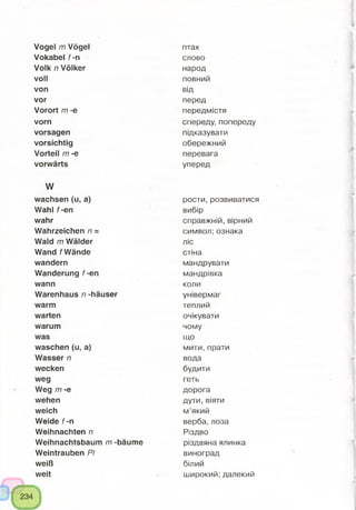 Vogel m Vögel
Vokabel f-n
Volk n Völker
voll
von
vor
Vorort m -e
vorn
vorsagen
vorsichtig
Vorteil m -e
vorwärts
W
wachsen (u, a)
Wahl f-en
wahr
Wahrzeichen n =
Wald m Wälder
Wand f Wände
wandern
Wanderung f-en
wann
Warenhaus n -häuser
warm
warten
warum
was
waschen (u, a)
Wasser n
wecken
weg
Weg m -e
wehen
weich
Weide f-n
Weihnachten n
Weihnachtsbaum m -bäume
Weintrauben PI
weiß
weit
птах
слово
народ
повний
від
перед
передмістя
спереду, попереду
підказувати
обережний
перевага
уперед
рости, розвиватися
вибір
справжній, вірний
символ; ознака
ліс
стіна
мандрувати
мандрівка
коли
універмаг
теплий
очікувати
чому
що
мити, прати
вода
будити
геть
дорога
дути, віяти
м’який
верба, лоза
Різдво
різдвяна ялинка
виноград
білий
широкий; далекий
 