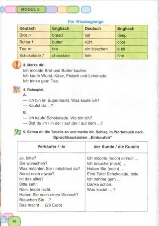MODUL 2
Für Wissbegierige
Deutsch Englisch Deutsch Englisch
Brot n bread tief deep
Butter f butter kühl cool
Tee m tea ein bisschen a bit
Schokolade f chocolate fein fine
3. Merke dir!
Ich möchte Brot und Butter kaufen.
Ich kaufe Wurst, Käse, Fleisch und Limonade.
Ich trinke gern Tee.
4. Ratespiel.
A.
— Ich bin im Supermarkt. Was kaufe ich?
— Kaufst du ...?
B.
— Ich kaufe Schokolade. Wo bin ich?
— Bist du im / in der / auf der / auf dem ...?
5. Schau dir die Tabelle an und merke dir. Schlag im Wörterbuch nach.
Sprachbaukasten „Einkäufen“
Verkäufer / -in der Kunde / die Kundin
Ja, bitte? Ich möchte (noch) ein/e/n ...
Sie wünschen? Ich brauche (noch) ...
Was möchten Sie / möchtest du? Haben Sie (noch) ...
Sonst noch etwas? Eine Tafel Schokolade, bitte.
Ist das alles? Ich nehme gern ...
Bitte sehr. Danke schön.
Nein, leider nicht. Was kostet... ?
Haben Sie noch einen Wunsch?
Brauchen Sie ...?
Das m acht... (20 Euro)
 