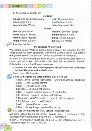 MODUL 3
C. Analysiere und merke dir!
Singular
dieser gute Weihnachtsmann jeder kluge Mensch
jene lustige Frau welche frische Luft
solches kalte Wetter manches kleine Kind
Plural
alle heiligen Feste welche schönen Tannen
beide lustigen Kinder solche großen Tiere
meine lieben Freunde diese kleinen Spuren
keine weißen Kleider die weißen Wälder
4. A. Lies den Text.
Im schönen Winterwald
Wie schön ist der Wald in diesem kalten Winter! Bei solchem leichten
Frost gehen wir gern spazieren. Der weiße Schnee rieselt und blitzt in
der grellen Sonne. Die grünen Tannen haben weiße Kleider an.
Im schönen Winterwald kann man frische Luft genießen, aber auch viel
lernen und erforschen. So vielleicht die Waldtiere. Auf diesem frischen
Schnee kann man ihre Spuren erkennen.
B. Schreib aus dem Text die Wortgruppen mit den Adjektiven in dein Heft
heraus. Übersetze und analysiere sie.
Im schönen Winterwald, ...
5. Lies und ergänze die Sätze. Schreib in dein Heft auf.
1. Der... (weiß) Schnee liegt überall. — Der weiße Schnee liegt überall.
2. Der ... (kalt) Winter kommt.
3. D e r ... (frostig) Wind weht.
4. Dieses ... (heilig) Fest beginnt.
5. D e r ... (lustig) Schneemann steht vor der Tür.
6. In diesem ... (groß) Hof liegt viel Schnee.
7. Man muss viel Zeit an der ... (frisch) Luft verbringen.
8. Ich fahre in den ... (weiß) Wald.
9. Alle ... (klein) Kinder rodeln.
10. Die ... (brav) Jungen spielen Eishockey.
1. A. Lies und ergänze den Text. Schreib in dein Heft auf.
Mit dem kalten Monat Dezember kommt das ... Kirchenjahr. Vier
Sonntage vor Weihnachten beginnt die ... Adventzeit.
In den ... Wohnungen hängt oder liegt ein ... Adventskranz aus den ...
Tannenzweigen mit vier ... Kerzen.
 