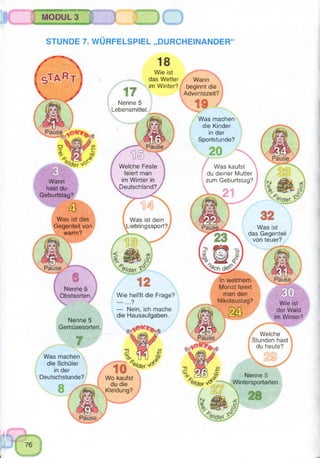 Wann
beginnt die
Adventszeit?
Was machen
die Kinder
in der
Sportstunde?
Was kaufst
| du deiner Mutter
| zum Geburtstag?
Was ist
das Gegenteil
von teuer?
In welchem
Monat feiert
man den
Nikolaustag? Wie ist
der Wald
im Winter'?
f Welche
Stunden hast
du heute?
Nenne 5
Nenne 5
Lebensmittel
Welche Feste
feiert man
im Winter in
Deutschland?
Wann
hast du
Geburtstag?
Was ist das
Gegenteil von
warm?
Was ist dein
Liebiingssport?
Nenne 5
Obstsorten Wie heißt die Frage?
— Nein, ich mache
die Hausaufgaben.
Nenne 5
Gemüsesorten
Was machen
die Schüler
in der
Deutschstunde?
'®/der 'J°
Wo kaufst
du die
Kleidung?
MODUL 3
STUNDE 7. WÜRFELSPIEL „DURCHEINANDER“
r i° Wintersportarten.
Wie ist
das Wetter
im Winter?
 