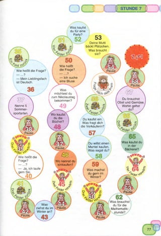 Was kaufst
du für eine
Party?
'e/d V *
Wie heißt die Frage?
Wie heißt
die Frage?
— Ich suche
eine Bluse.
— Mein Lieblingsfach
ist Deutsch.
/ Was 
möchtest du
| zum Nikolaustag
bekommen?
Nenne 5
Sommer­
sportarten Wo kaufst
du die
Bücher?
®/tfer 'J° ’*•
/ Wie heißt die
i Frage? Wo kannst du
einkaufen?
'e/Qfefn1°
Was '6
ziehst du im Pause
Winter an?
bäckt Plätzchen
Was braucht
sie?
’ause
Du brauchst
Obst und Gemüse.
Wohin gehst
du? /
Du kaufst ein.
Was fragt dich
die Verkäuferin?
Was kaufst du
in der
Bäckerei?
Du willst einen
Mantel kaufen.
Was sagst du?
Was machst
du gern im
Winter?
®/cfer 'i0
Pause
Was brauchst
du für die
Mathematik­
stunde?
Pause
 