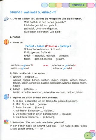 STUNDE 2. WAS HAST DU GEMACHT?
1. Lies das Gedicht vor. Beachte die Aussprache und die Intonation.
Was hast du in den Ferien gemacht?
Ich habe gespielt und gelacht,
gebastelt, geturnt und gemalt.
Nun sagen die Ferien: „Bis bald!“
2. Perfekt.
A. Merke dir!
Perfekt = haben (Präsens) + Partizip ii
Schwache Verben tun nicht weh:
Präfix ge- und Suffix -f;
rodeln — gerodelt, machen — gemacht,
feiern — gefeiert, lachen — gelacht.
machen —►gemacht aber: arbeiten —►gearbeitet
malen -> gemalt baden —>gebadet
B. Biide das Partizip II der Verben.
1) spielen — gespielt, ...
spielen, fragen, turnen, suchen, malen, zeigen, lachen, lernen,
tanzen, sagen, schenken, basteln, schaukeln, wohnen, rodeln, feiern,
haben
2) baden — gebadet, ...
baden, arbeiten, zeichnen, antworten, rechnen, melden, bilden
C. Ergänze die Sätze. Schreib sie in dein Heft.
1. In den Ferien habe ich am Computer gespielt (spielen).
2. Mein Bruder hat ... (lernen).
3. Anton hat viel ... (turnen).
4. Wir haben Eishockey ... (spielen).
5. Die Kinder haben einen Schneemann ... (bauen).
6. Die Eltern haben viel ... (arbeiten).
3. Kettenspiel. Was hast du in den Ferien gemacht?
In den Ferien habe ich geturnt. Und du? — Ich habe in den Ferien
Musik gehört. Und du? — Ich ...
 