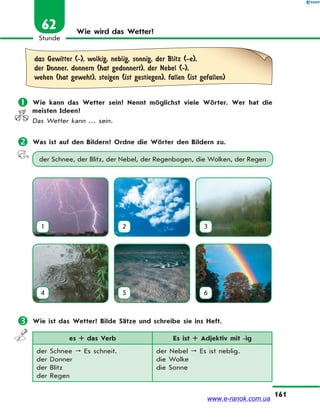 161
Stunde
62 Wie wird das Wetter?
das Gewitter (-), wolkig, neblig, sonnig, der Blitz (-e),
der Donner, donnern (hat gedonnert), der Nebel (-),
wehen (hat geweht), steigen (ist gestiegen), fallen (ist gefallen)
 Wie kann das Wetter sein? Nennt möglichst viele Wörter. Wer hat die
meisten Ideen?
Das Wetter kann … sein.
 Was ist auf den Bildern? Ordne die Wörter den Bildern zu.
der Schnee, der Blitz, der Nebel, der Regenbogen, die Wolken, der Regen
1 2 3
4 5 6
 Wie ist das Wetter? Bilde Sätze und schreibe sie ins Heft.
es + das Verb Es ist + Adjektiv mit -ig
der Schnee  Es schneit.
der Donner
der Blitz
der Regen
der Nebel  Es ist neblig.
die Wolke
die Sonne
www.e-ranok.com.ua
 