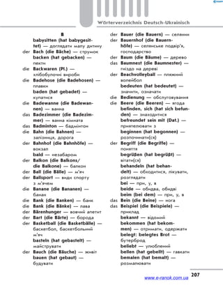 207
Wörterverzeichnis Deutsch-Ukrainisch
B
babysitten (hat babygesit-
tet) — доглядати малу дитину
der Bach (die Bäche) — струмок
backen (hat gebacken) —
пекти
die Backwaren (Pl.) —
хлібобулочні вироби
die Badehose (die Badehosen) —
плавки
baden (hat gebadet) —
купатися
die Badewanne (die Badewan-
nen) — ванна
das Badezimmer (die Badezim-
mer) — ванна кімната
das Badminton — бадмінтон
die Bahn (die Bahnen) —
залізниця, дорога
der Bahnhof (die Bahnhöfe) —
вокзал
bald — незабаром
der Balkon (die Balkons/
die Balkone) — балкон
der Ball (die Bälle) — м’яч
der Ballsport — види спорту
з м’ячем
die Banane (die Bananen) —
банан
die Bank (die Banken) — банк
die Bank (die Bänke) — лава
der Bärenhunger — вовчий апетит
der Bart (die Bärte) — борода
der Basketball (die Basketbälle) —
баскетбол, баскетбольний
м’яч
basteln (hat gebastelt) —
майструвати
der Bauch (die Bäuche) — живіт
bauen (hat gebaut) —
будувати
der Bauer (die Bauern) — селянин
der Bauernhof (die Bauern-
höfe) — селянське подвір’я,
господарство
der Baum (die Bäume) — дерево
das Baumnest (die Baumnester) —
гніздо на дереві
der Beachvolleyball — пляжний
волейбол
bedeuten (hat bedeutet) —
значити, означати
die Bedienung — обслуговування
die Beere (die Beeren) — ягода
befinden, sich (hat sich befun-
den) — знаходитися
befreundet sein mit (Dat.) —
приятелювати з
beginnen (hat begonnen) —
розпочинати(ся)
der Begriff (die Begriffe) —
поняття
begrüßen (hat begrüßt) —
вітати(ся)
behandeln (hat behan-
delt) — обходитися, лікувати,
розглядати
bei — при, у, в
beide — обидва, обидві
beim (bei dem) — при, у, в
das Bein (die Beine) — нога
das Beispiel (die Beispiele) —
приклад
bekannt — відомий
bekommen (hat bekom-
men) — отримати, одержати
belegt: belegtes Brot —
бутерброд
beliebt — улюблений
bellen (hat gebellt) — гавкати
bemalen (hat bemalt) —
розмалювати
www.e-ranok.com.ua
 