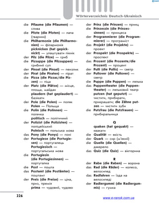 226
Wörterverzeichnis Deutsch-Ukrainisch
die Pflaume (die Pflaumen) —
слива
die Pfote (die Pfoten) — лапа
(тварини)
die Philharmonie (die Philharmo-
nien) — філармонія
picknicken (hat gepick-
nickt) — улаштувати пікнік
der Pilz (die Pilze) — гриб
die Pizsuppe (die Pilzsuppen) —
грибний суп
der Pinsel (die Pinsel) — пензлик
der Pirat (die Piraten) — пірат
die Pizza (die Pizzas/die Piz-
zen) — піца
der Platz (die Plätze) — місце,
площа, майдан
plaudern (hat geplaudert) —
базікати
der Pole (die Polen) — поляк
Polen — Польща
die Polin (die Polinnen) —
полячка
politisch — політичний
der Polizist (die Polizisten) —
поліцейський
Polnisch — польська мова
das Pony (die Ponys) — поні
der Portugiese (die Portugie-
sen) — португалець
Portugiesisch —
португальська мова
die Portugiesin
(die Portugiesinnen) —
португалка
die Post — пошта
das Postamt (die Postämter) —
поштамт
der Preis (die Preise) — ціна,
приз, премія
prima — чудовий, чудово
der Prinz (die Prinzen) — принц
die Prinzessin (die Prinzes-
sinnen) — принцеса
der Programmierer (die Program-
mierer) — програміст
das Projekt (die Projekte) —
проект
der Prospekt (die Prospekte) —
проспект
das Prozent (die Prozente/die
Prozent) — процент
der Pulli (die Pullis) — светр
der Pullover (die Pullover) —
светр
die Puppe (die Puppen) — лялька
das Puppentheater (die Puppen-
theater) — ляльковий театр
putzen (hat geputzt) —
чистити, прибирати,
прикрашати; die Zähne put-
zen — чистити зуби
die Putzfrau (die Putzfrauen) —
прибиральниця
Q
quaken (hat gequakt) —
квакати
die Qualität — якість
der Quark — сир (м’який)
die Quelle (die Quellen) —
джерело
das Quiz (die Quiz) — вікторина
R
der Rabe (die Raben) — ворона
das Rad (die Räder) — колесо,
велосипед
das Radfahren — їзда на
велосипеді
der Radiergummi (die Radiergum-
mis) — гумка
www.e-ranok.com.ua
 