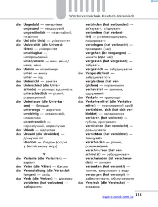 235
Wörterverzeichnis Deutsch-Ukrainisch
die Ungeduld — нетерпіння
ungesund — нездоровий
ungewöhnlich — незвичайний,
незвично
die Uni (die Unis) — університет
die Universität (die Universi-
täten) — університет
unschlagbar —
непереможний
unser/unsere — наш, наше/
наша, наші
der Unsinn — нісенітниця
unten — внизу
unter — під
der Unterricht — заняття
der Unterschied (die Unter-
schiede) — різниця; відмінність
unterschiedlich — різний,
різноманітний
die Untertasse (die Untertas-
sen) — блюдце
unterwegs — дорогою
unwichtig — неважливий,
неважливо
unzertrennlich —
нерозлучний, нерозлучно
der Urlaub — відпустка
der Urwald (die Urwälder) —
дрімучий ліс
Usedom — Узедом (острів
у Балтійському морі)
V
die Variante (die Varianten) —
варіант
der Vater (die Väter) — батько
die Veranstaltung (die Veranstal-
tungen) — захід
das Verb (die Verben) — дієслово
verbieten (hat verboten) —
забороняти
verbinden (hat verbunden) —
зв’язувати, з’єднувати
verbreiten (hat verbrei-
tet) — розповсюджувати,
поширювати
verbringen (hat verbracht) —
проводити (час)
vergehen (ist vergangen) —
минати (про час)
vergessen (hat vergessen) —
забувати
vergesslich — забудькуватий
die Vergesslichkeit —
забудькуватість
vergleichen (hat ver-
glichen) — порівнювати
verheiratet — заміжня,
одружений
der Verkehr — транспорт
das Verkehrsmittel (die Verkehrs-
mittel) — транспортний засіб
verkleiden, sich (hat sich ver-
kleidet) — наряджатися
verlieren (hat verloren) —
губити, програвати
vermischen (hat vermischt) —
розмішувати
vernichten (hat vernichtet) —
знищувати
verschieden — різний,
різноманітний
verschmutzen (hat ver-
schmutzt) — забруднювати
verschwinden (ist verschwun-
den) — зникати
versenken (hat versenkt) —
топити, занурювати у воду
versorgen (hat versorgt) —
забезпечувати, обслуговувати
das Versteck (die Verstecke) —
схованка
www.e-ranok.com.ua
 