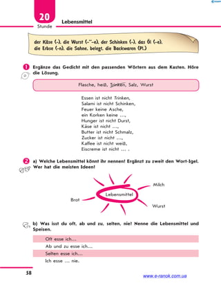 58
Stunde
20 Lebensmittel
der KЉse (-), die Wurst (-’’-e), der Schinken (-), das l (-e),
die Erbse (-n), die Sahne, belegt, die Backwaren (Pl.)
 Ergänze das Gedicht mit den passenden Wörtern aus dem Kasten. Höre
die Lösung.
Flasche, heiß, Trinken, Salz, Wurst
Essen ist nicht Trinken,
Salami ist nicht Schinken,
Feuer keine Asche,
ein Korken keine …,
Hunger ist nicht Durst,
Käse ist nicht …,
Butter ist nicht Schmalz,
Zucker ist nicht …,
Kaffee ist nicht weiß,
Eiscreme ist nicht … .
 a) Welche Lebensmittel könnt ihr nennen? Ergänzt zu zweit den Wort-Igel.
Wer hat die meisten Ideen?
Lebensmittel
Brot
Milch
Wurst
b) Was isst du oft, ab und zu, selten, nie? Nenne die Lebensmittel und
Speisen.
Oft esse ich…
Ab und zu esse ich…
Selten esse ich…
Ich esse … nie.
www.e-ranok.com.ua
 